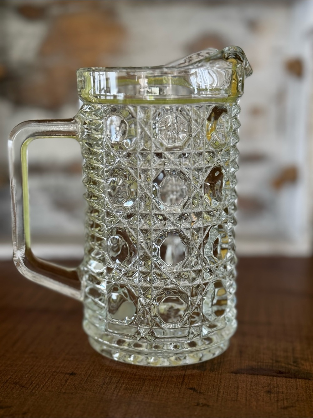 Vintage Federal Glass Pint Pitcher Clear Button and Cane Heavyweight Elegant
